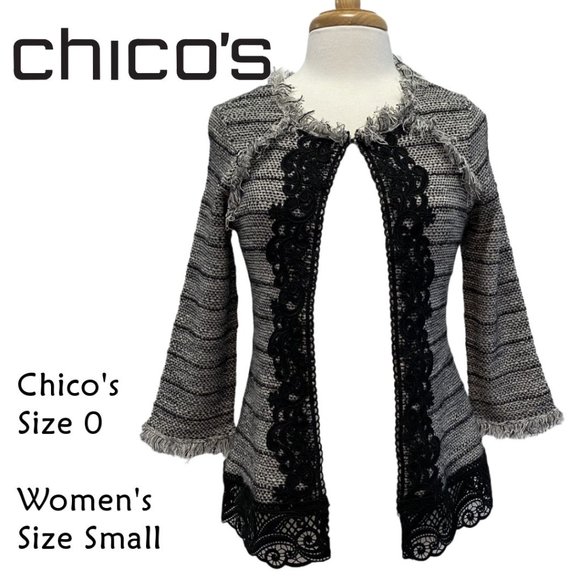 CHICO's Black White Tweed Fringe Lace Jacket Size0